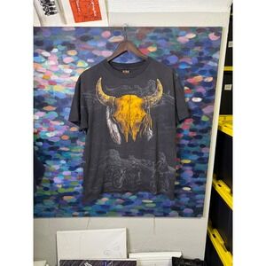 Vintage 3D Emblem Full Moon Scooter Leather T-Shirt Steer Skull Biker Mens L